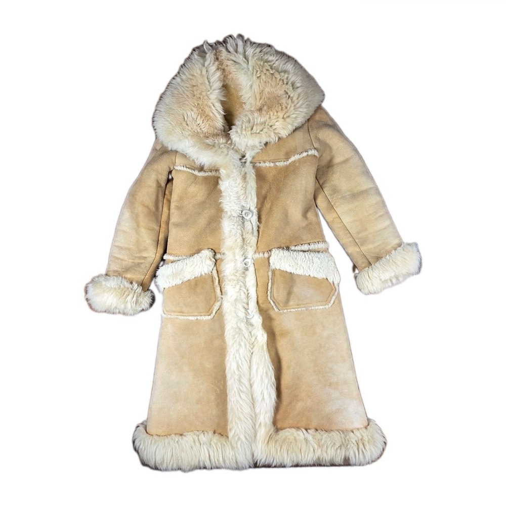 Overland Sheepskin Shearling Jacket Vintage Antler Buttons Tan Suede Coat S/M 8